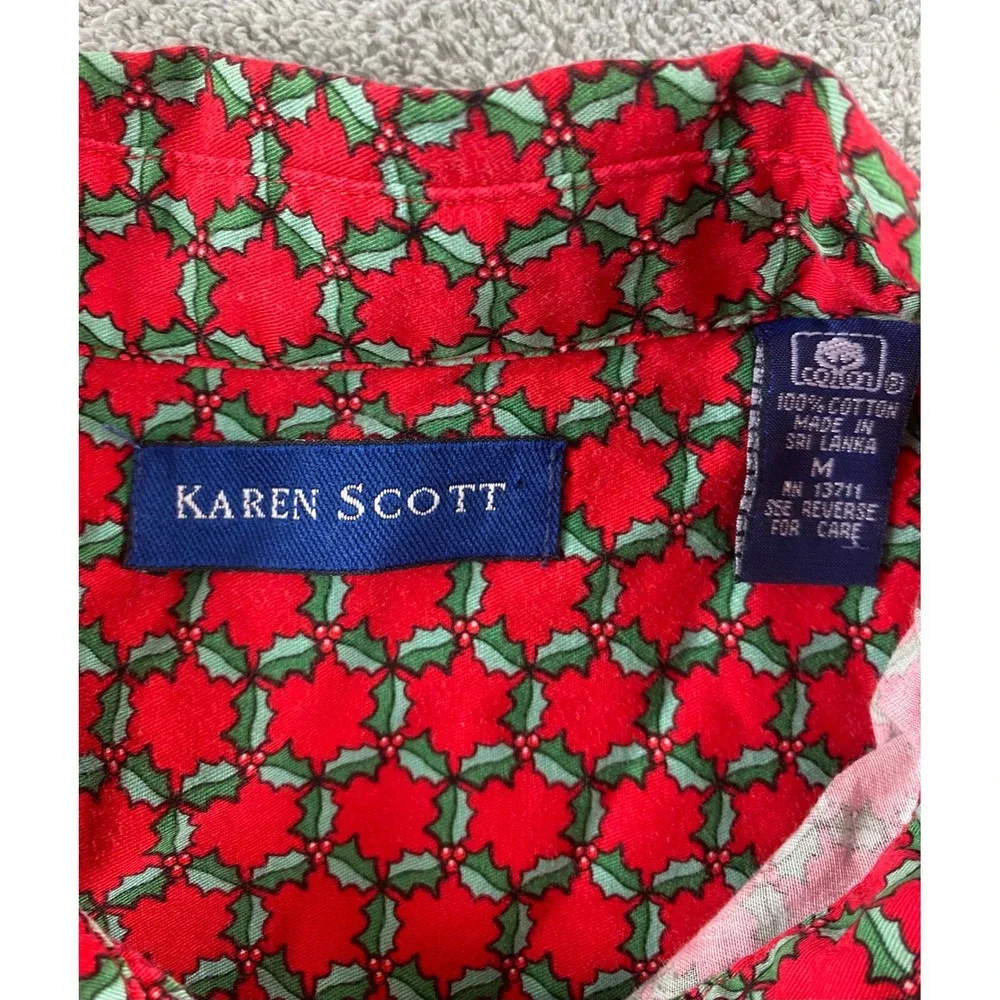 Karen Scott Mens Red Holly Berry Christmas Button Down Shirt M Cotton Long Slv
